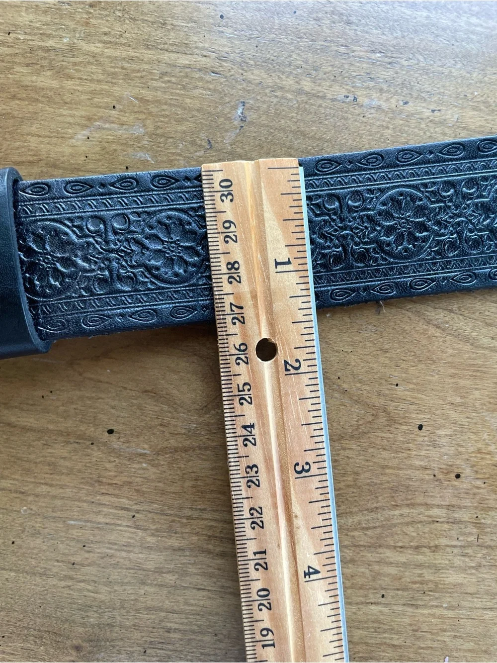 Vintage 90’s Black Leather Belt with Engraved Silver Buckle size 36”
